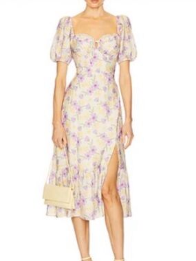 Astr Floral Puff-Sleeve Midi Dress in Cream and Lavender
